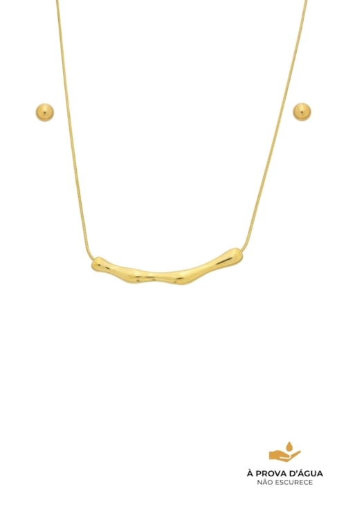 CONJUNTO COM PINGENTE ORGÂNICO E BRINCO BOLINHA AÇO INOX DOURADO CJ185-AD