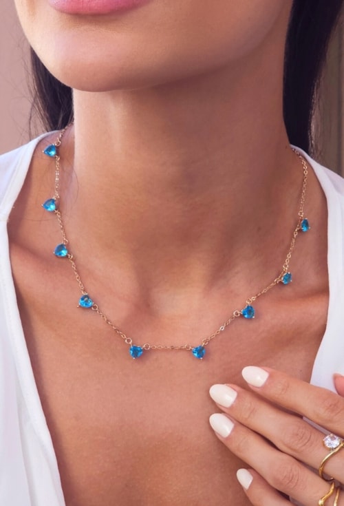 CONJUNTO CORAÇÃO AZUL TOPÁZIO OURO CJ194-O