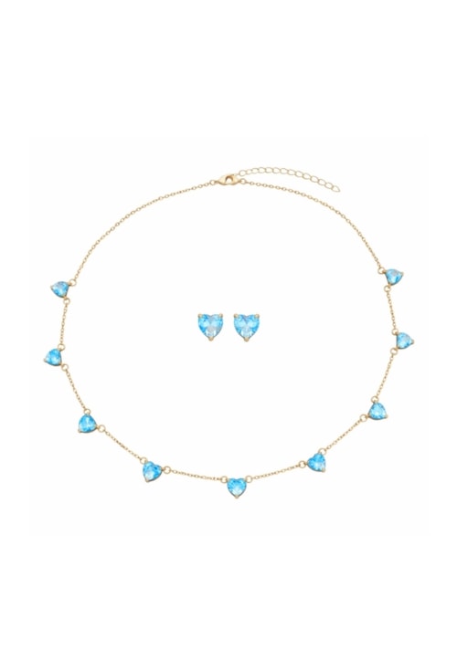 CONJUNTO CORAÇÃO AZUL TOPÁZIO OURO CJ194-O