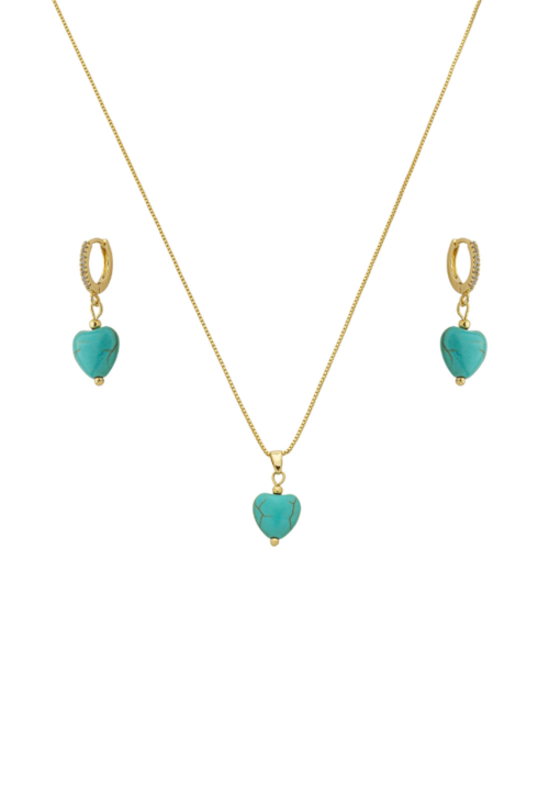 CONJUNTO CORAÇÃO COM PEDRA NATURAL TURQUESA CJ126-O