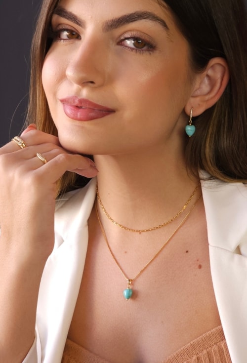 CONJUNTO CORAÇÃO COM PEDRA NATURAL TURQUESA CJ126-O