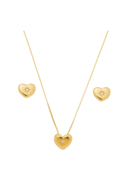 CONJUNTO CORAÇÃO COM ZIRCÔNIA CRISTAL NO OURO CJ040-O