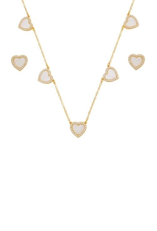 CONJUNTO CORAÇÃO MADRE-PÉROLA CRAVEJADO OURO CJ165-O