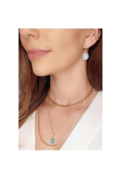 CONJUNTO CRAVEJADO COM ZIRCÔNIA E PEDRA AZUL PARAÍBA - CJ011-O