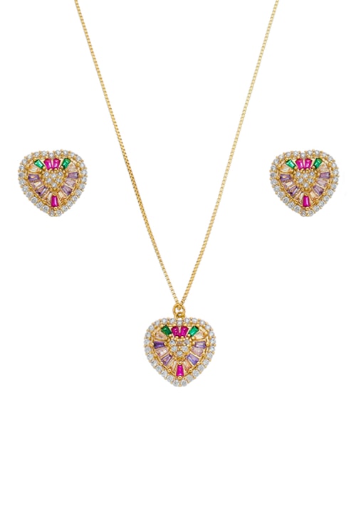 CONJUNTO DE CORAÇÃO CRAVEJADO COLORIDO NO OURO CJ052-O