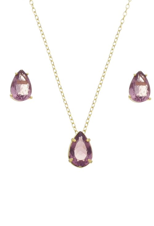 CONJUNTO DELICADO DE GOTA COM PEDRA AMETISTA CJ070-O
