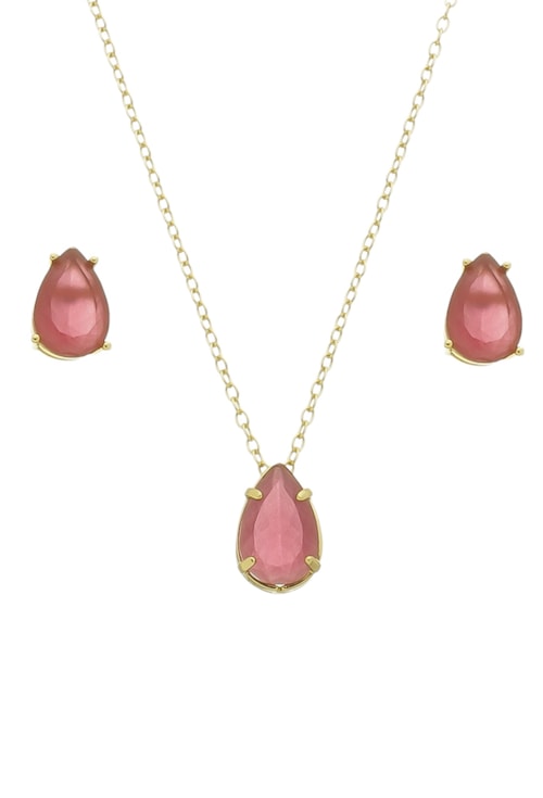 CONJUNTO DELICADO DE GOTA COM PEDRA RUBELITA LEITOSA CJ070-O