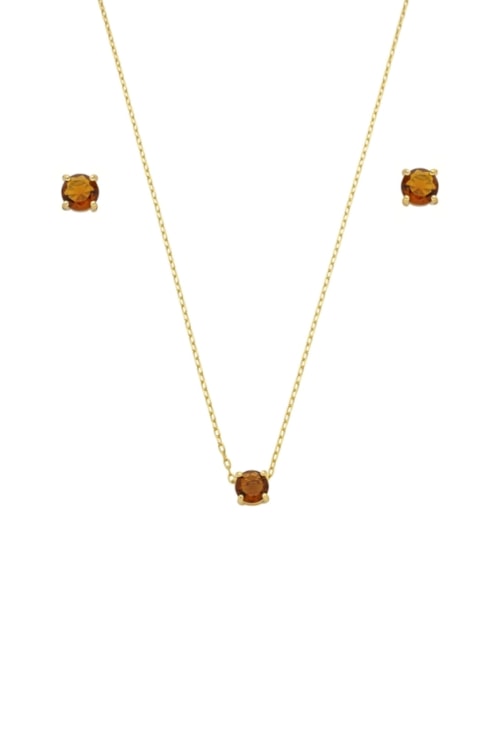 CONJUNTO DOURADO COM PEDRA TOPÁZIO MARROM REDONDA CJ160-O