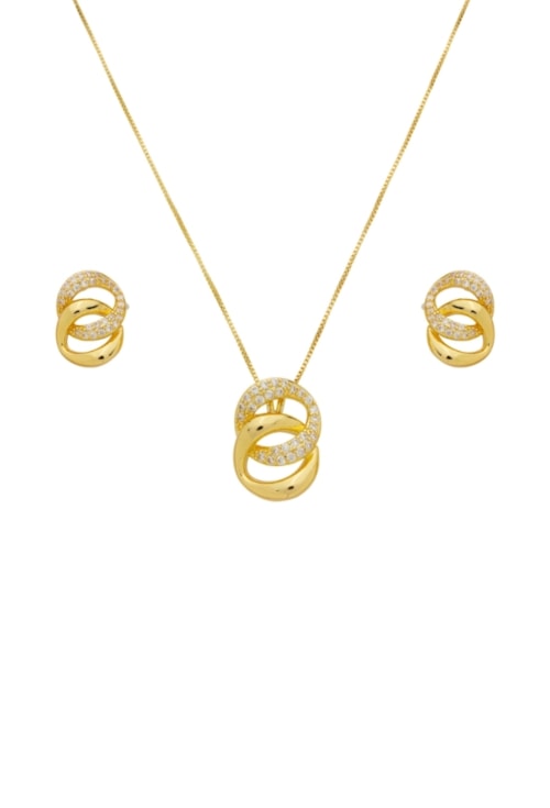 CONJUNTO ENTRELAÇADO CRAVEJADO ZIRCÔNIA BANHADO OURO CJ205-O