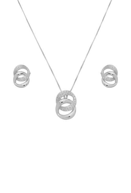 CONJUNTO ENTRELAÇADO CRAVEJADO ZIRCÔNIA BANHADO RÓDIO CJ205-R