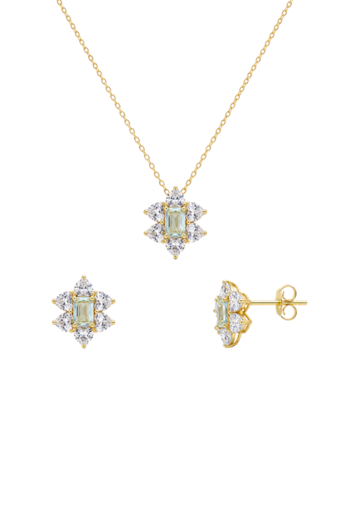 CONJUNTO FLOR COM PEDRAS CORAÇÃO E RETANGULAR BANHADO A OURO CJ210-O