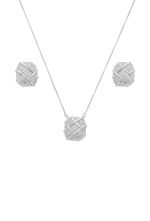 CONJUNTO GEOMÉTRICO CRAVEJADO RÓDIO 18K CJ199-R