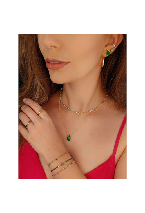 CONJUNTO GOTA COM PEDRA ESMERALDA LEITOSO CJ035-O