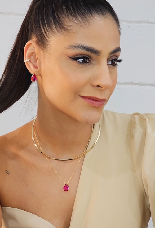 CONJUNTO GOTA COM PEDRA FÚCSIA CJ030-O