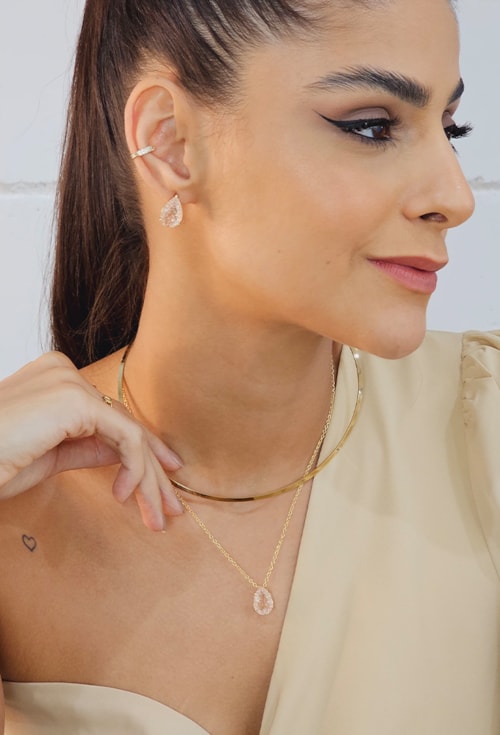 CONJUNTO GOTA COM PEDRA MORGANITA RUTILADA CJ030-O