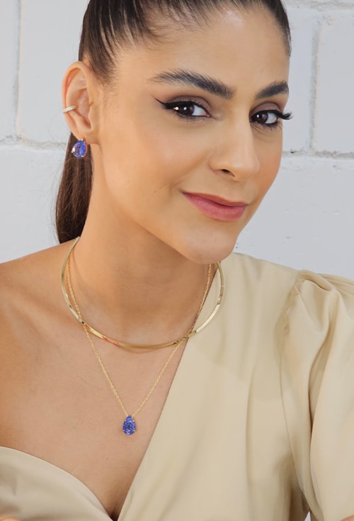 CONJUNTO GOTA COM PEDRA TANZANITA RUTILADA CJ030-O