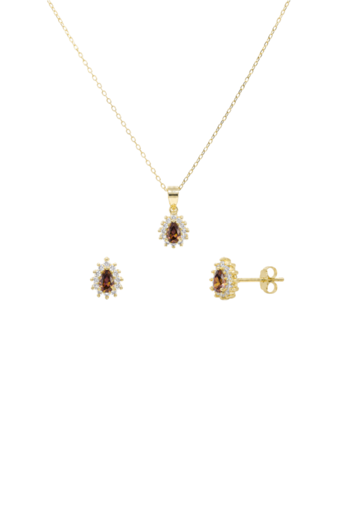 CONJUNTO GOTA CRAVEJADO COM ZIRCÔNIA CHOCOLATE BANHADO A OURO CJ219-O
