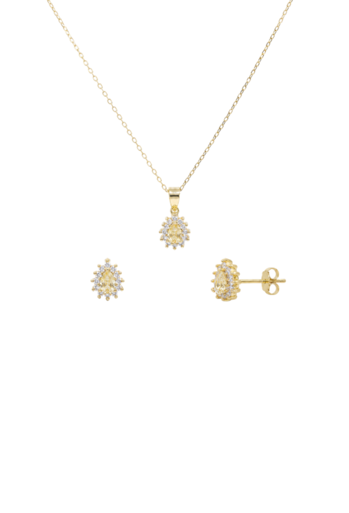 CONJUNTO GOTA CRAVEJADO COM ZIRCÔNIA CITRINO BANHADO A OURO CJ219-O