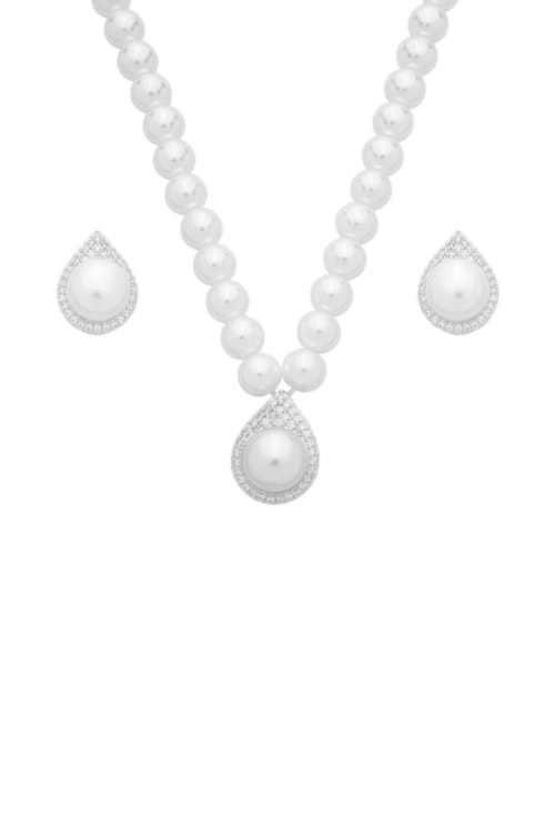 CONJUNTO GOTA PÉROLA SHELL CRAVEJADO BANHADO RÓDIO CJ198-R