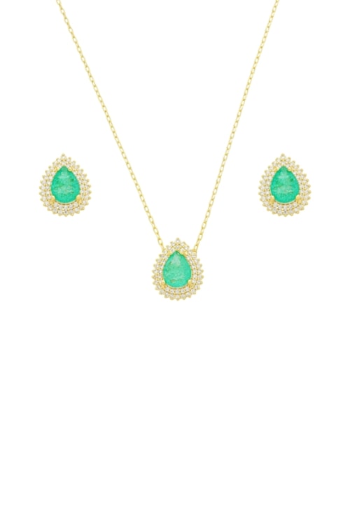 CONJUNTO GOTA TURMALINA FUSION CRAVEJADO OURO CJ184-O