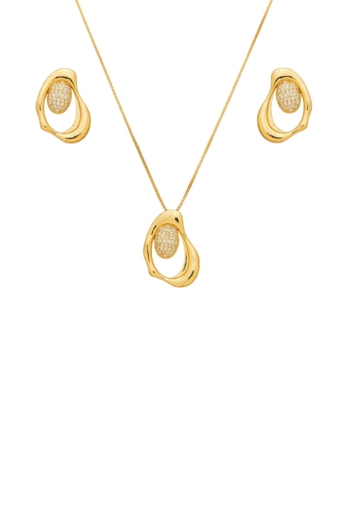 CONJUNTO ORGÂNICO CRAVEJADO COM PINGENTE E BRINCO DOURADO CJ177-O