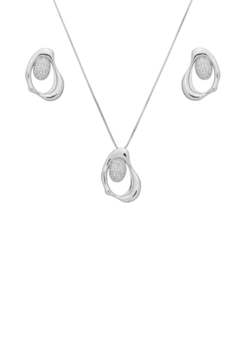 CONJUNTO ORGÂNICO CRAVEJADO COM PINGENTE E BRINCO RODIADO CJ177-R