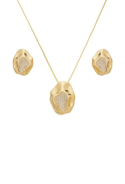 CONJUNTO ORGÂNICO CRAVEJADO ZIRCÔNIA BANHADO OURO CJ206-O