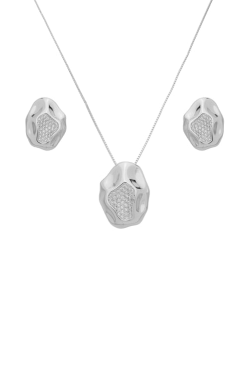 CONJUNTO ORGÂNICO CRAVEJADO ZIRCÔNIA BANHADO RÓDIO CJ206-R