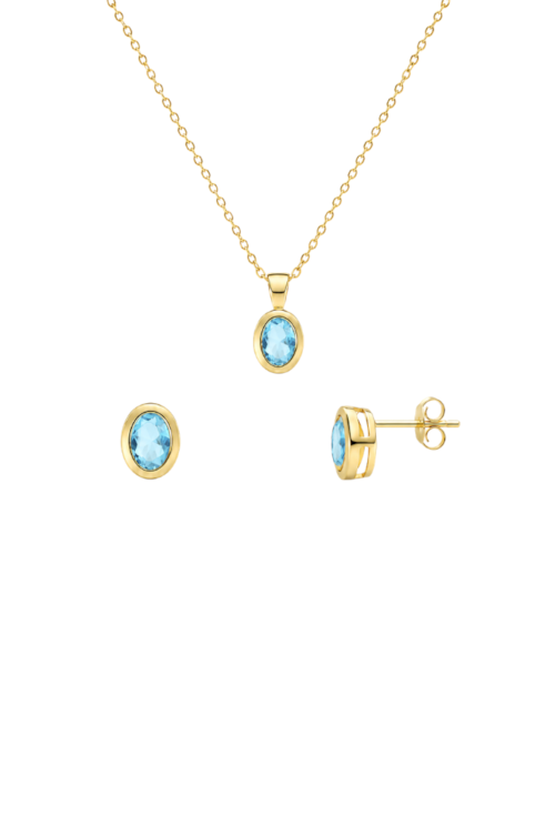 CONJUNTO OVAL COM PEDRA AZUL PARAÍBA BANHADO A OURO CJ215-O