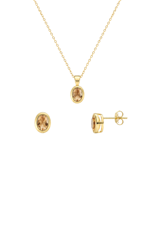 CONJUNTO OVAL COM PEDRA TOPÁZIO MARROM BANHADO A OURO CJ215-O