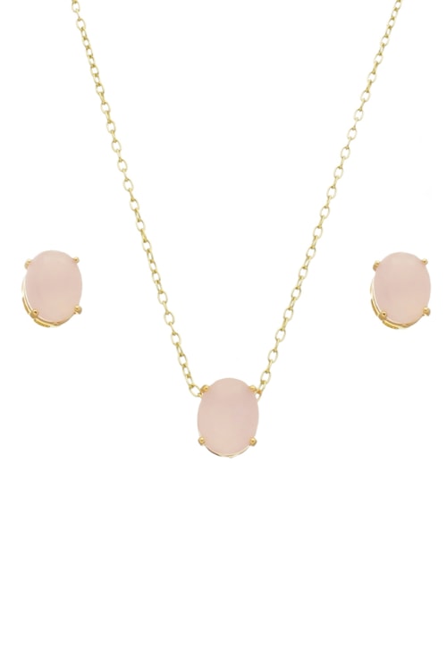 CONJUNTO PEDRA OVAL DE COR KUNZITA LEITOSA CJ089-O