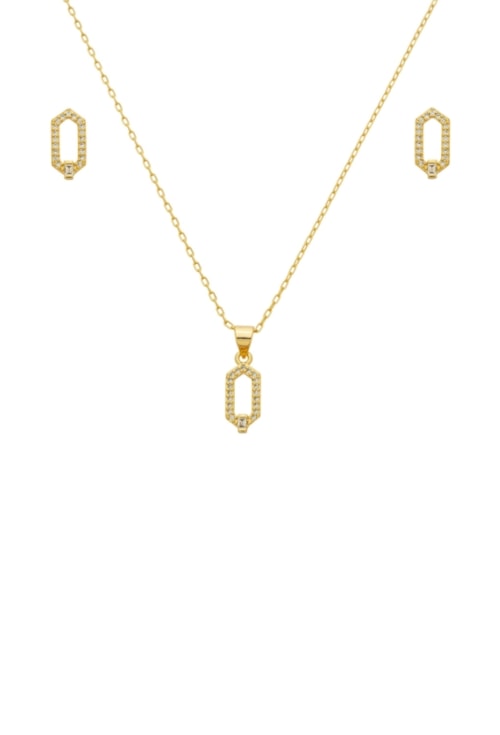 CONJUNTO PINGENTE E BRINCO RETANGULAR CRAVEJADO DOURADO CJ176-O