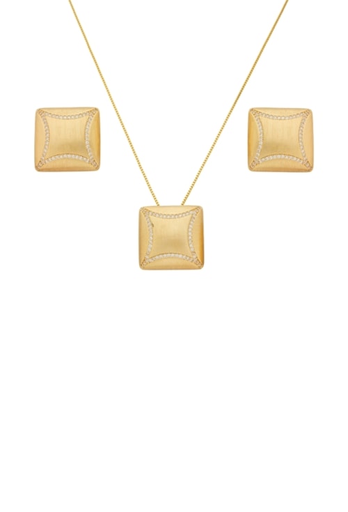 CONJUNTO QUADRADO ACETINADO COM ZIRCÔNIAS NO OURO CJ192-O