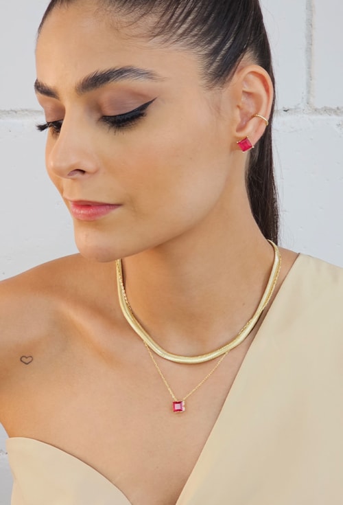 CONJUNTO QUADRADO COM PEDRA RUBELITA LEITOSA CJ082-O