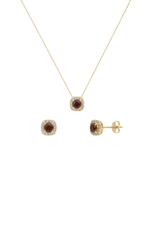 CONJUNTO QUADRADO CRAVEJADO COM PEDRA CHOCOLATE BANHADO A OURO CJ218-O