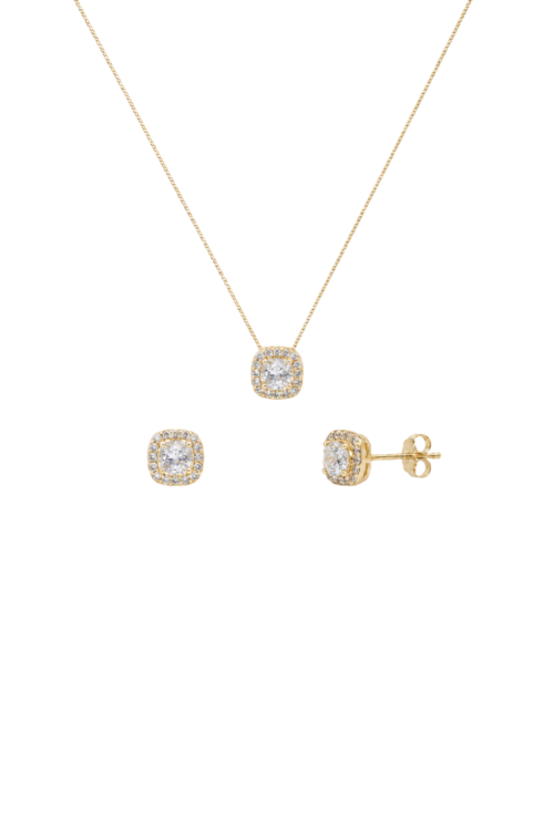 CONJUNTO QUADRADO CRAVEJADO COM PEDRA CRISTAL BANHADO A OURO CJ218-O