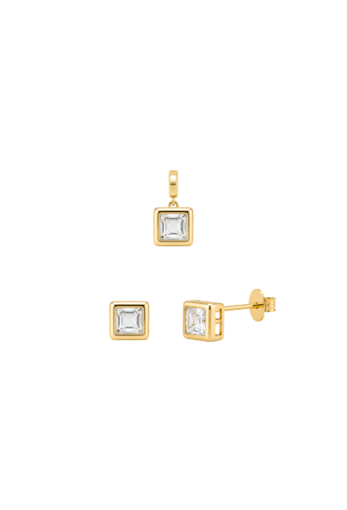 CONJUNTO QUADRADO CRAVEJADO COM PEDRA CRISTAL BANHADO A OURO CJ224-O