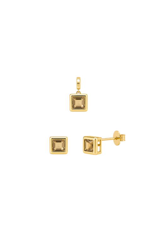 CONJUNTO QUADRADO CRAVEJADO COM PEDRA MARROM BANHADO A OURO CJ224-O