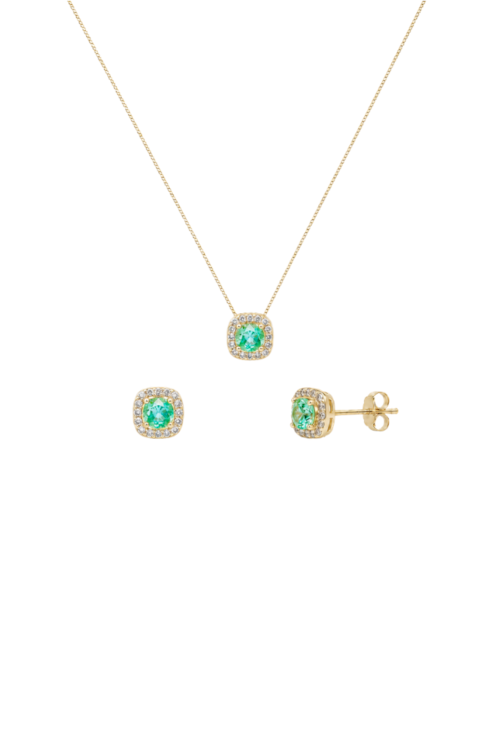 CONJUNTO QUADRADO CRAVEJADO COM PEDRA TURMALINA BANHADO A OURO CJ218-O