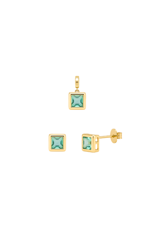 CONJUNTO QUADRADO CRAVEJADO COM PEDRA TURMALINA BANHADO A OURO CJ224-O