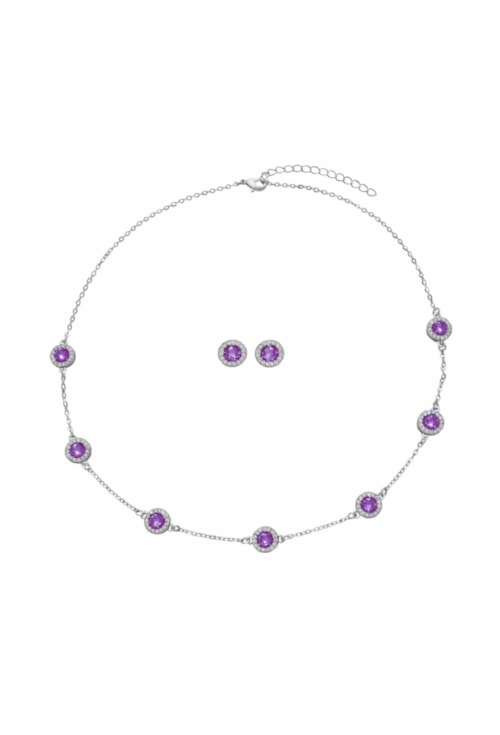 CONJUNTO REDONDO CRAVEJADO AMETISTA RÓDIO CJ195-R