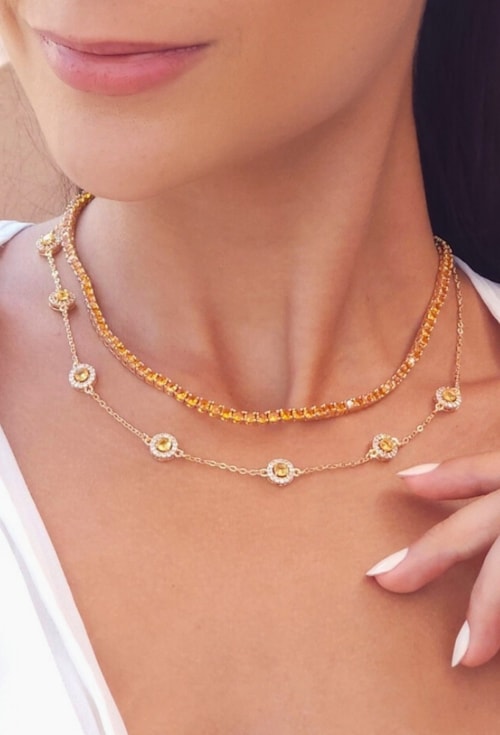 CONJUNTO REDONDO CRAVEJADO CITRINO IMPERIAL OURO CJ195-O