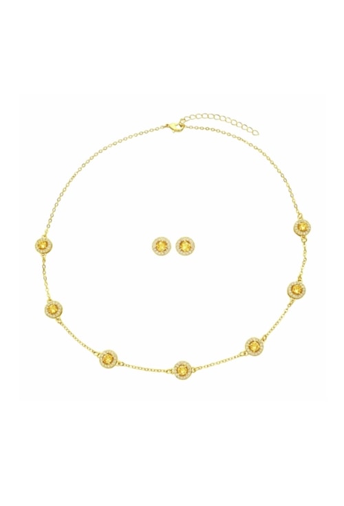 CONJUNTO REDONDO CRAVEJADO CITRINO IMPERIAL OURO CJ195-O