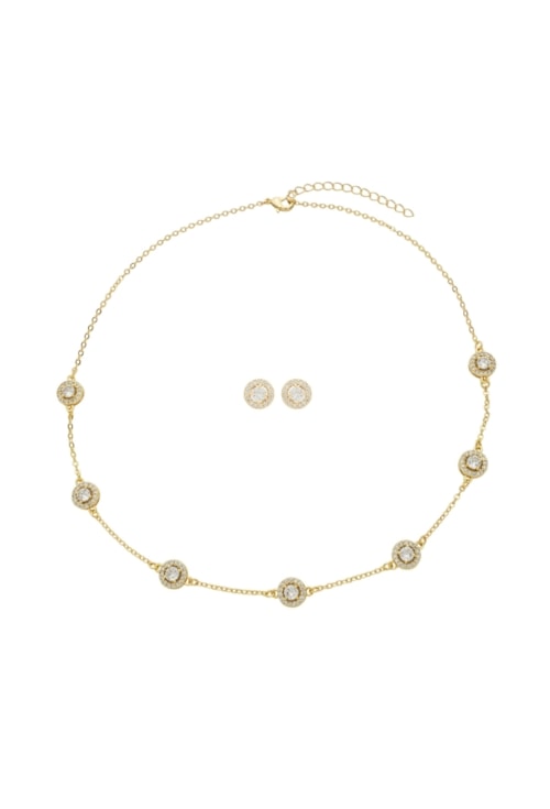 CONJUNTO REDONDO CRAVEJADO CRISTAL OURO CJ195-O