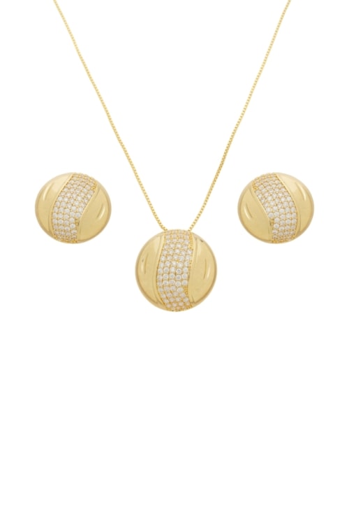 CONJUNTO REDONDO CRAVEJADO ZIRCÔNIA BANHADO OURO CJ204-O