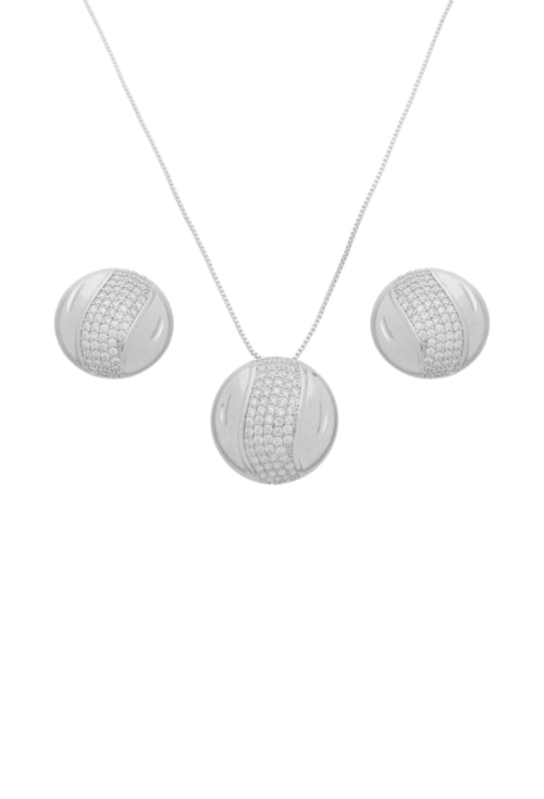 CONJUNTO REDONDO CRAVEJADO ZIRCÔNIA BANHADO RÓDIO CJ204-R