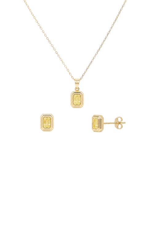 CONJUNTO RETANGULAR COM PEDRAS CITRINO BANHADO A OURO 18K CJ216-O