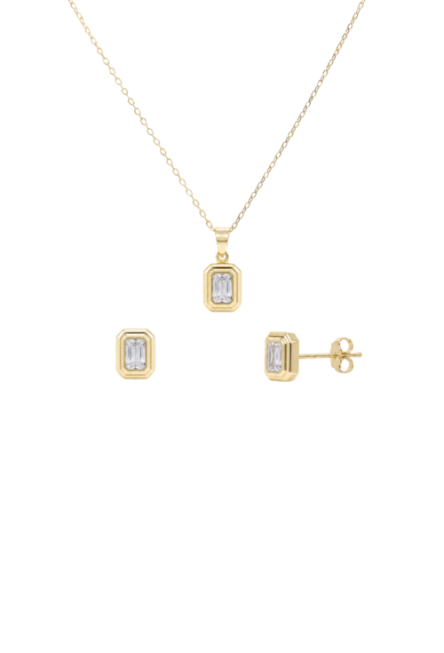 CONJUNTO RETANGULAR COM PEDRAS CRISTAL BANHADO A OURO 18K CJ216-O