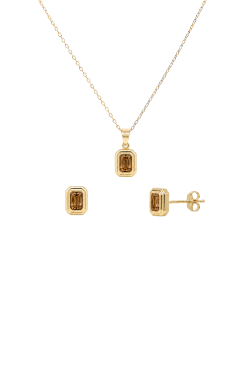 CONJUNTO RETANGULAR COM PEDRAS MARROM BANHADO A OURO 18K CJ216-O