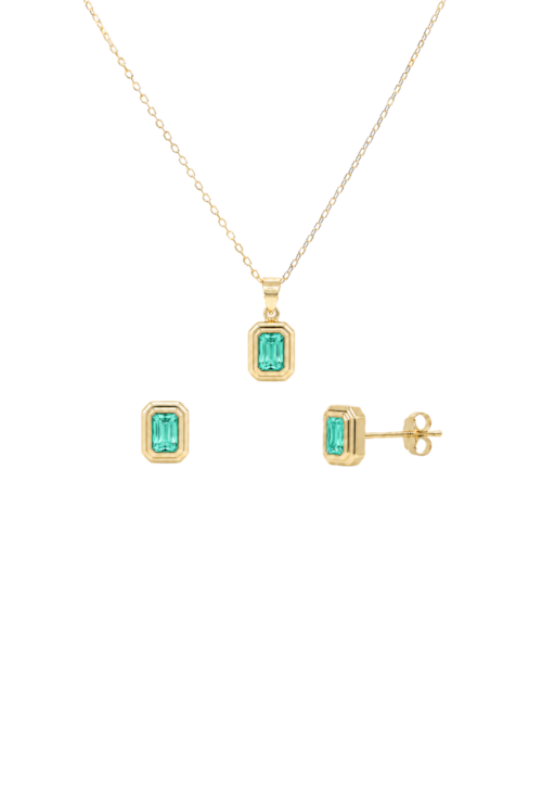 CONJUNTO RETANGULAR COM ZIRCÔNIA TURMALINA BANHADO A OURO 18K CJ216-O